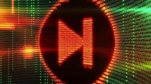 Play symbol emerging from lines of computer code in the digital world