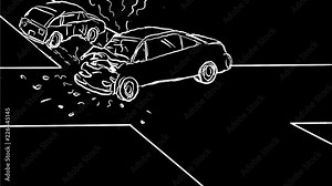 2d Animation motion graphics showing a drawing of two cars at crossroad intersection in car crash collission on white and green screen with alpha matte in HD high definition.