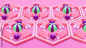 Green and purple spheres moving round in hexagonal frames on pink background, loop