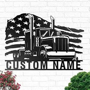 Custom Truck Driver Metal Sign - Personalized Trucker Name Sign, Semi Truck USA Flag Wall Art, Big Rig Tractor Trailer Decoration