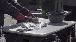 Fish monger removing fish scales on a fish market in Marseille