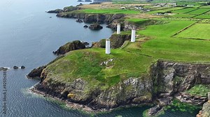 Ireland Epic Locations aerial landscape Waterford Coast the three towers at Tramore bay warning ships of the dangers of these waters