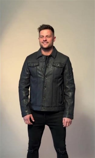Pánská tmavě modrá krátká kožená bunda #divokybyk #fashion #jacket #leather