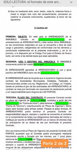Parte 2 de 3 - contrato de arrendamiento #cláusulas #contratodearrendamiento #aprendederecho #redacciondecontrato #arrendamiento #derechoenmexico