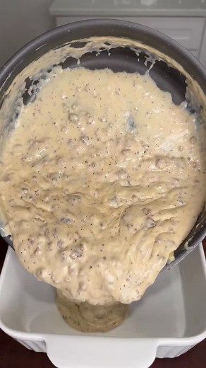 Sausage Gravy Biscuit Casserole * Brown 1lb of hot sausage in a medium high heat pan. Once cooked, add in 1/3 cup of flour and stir for a minute, to cook out the taste * Add in 3.5 cups of milk and continue to stir while the gray thickens * Once it’s at your desired consistency, add in 1/2 tsp of Lawry’s and 2 tsp of black pepper *Then take a can of biscuits, cutting each biscuit into 1/4’s and placing them on top of the gravy * Bake them according to package directions (mine took closer to 40 m