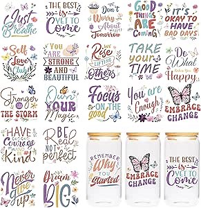 UV DTF Cup Wrap Sticker - 20 PCS Inspirational UV DTF Transfer for Mug, Glass, Notebook, Flower, Butterfly, Mental Health Design, Waterproof Rub on Transfer, DIY Gifts for Friends, Student
