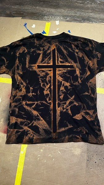 Bleached wrinkle effect with masking tape cross. #bleach #diy #jesus #cross