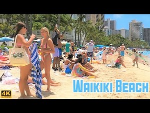 [4K] HAWAII - Waikiki Beach Walking Tour - beautiful sunny day for people watching!