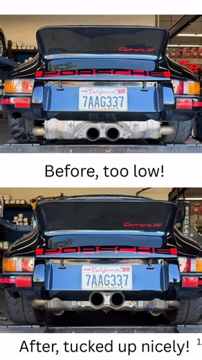 Super nice RS clone long hood 911 in for a re-install of titanium GT3RS muffler. Whatever shop did it before did a nice job with the fabrication but mounted it way too low. We cut the rear bumper and tucked it up so it looks better and has proper clearance. #porsche #911 #rs #clone #3.8 #gt3rsmuffler #mufflertech | Muffler Tech