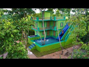 Build Elegant Modern 4-Story House Design ,Water Slide ,Swimming Pool And Water Park In Forest