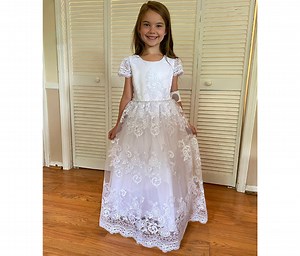 USA Made First Communion Dress: Cording Lace, 3D Flower and Pearls - Penelope Dress - Etsy