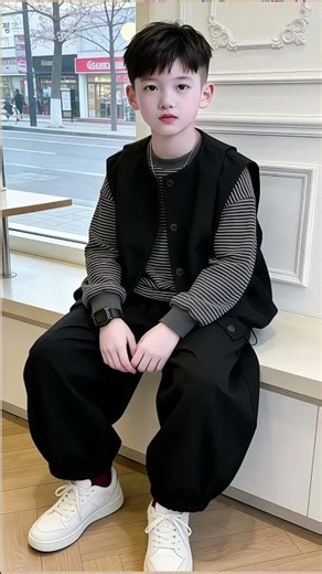 🖤 Mini Model in Black & StripesBoysFashion#KidsStyle#LittleModel#TrendyKids#WinterLook#BlackOutfit#C