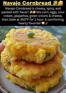 Navajo Cornbread Hearty and Moist Navajo Cornbread with Green Chiles and Cheese for a Southwestern Twist Ingredients: 1 cup yellow cornmeal 1 cup all-purpose flour 1 tablespoon baking powder 1/2 teaspoon baking soda 1/2 teaspoon salt 2 tablespoons sugar (optional) 2 large eggs 1 cup buttermilk 1/4 cup vegetable oil or melted butter 1 (8 oz) can creamed corn 1 (4 oz) can diced green chiles (mild or hot, drained) 1 cup shredded cheddar cheese Directions: Preheat oven to 375°F (190°C). Grease a 9-i
