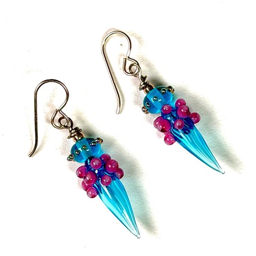 Handcrafted Lampwork Glass Earrings, Sterling Silver, Hollow Cone Glass Bead, Mauve Dots, Aqua, Turquoise 144 - Etsy
