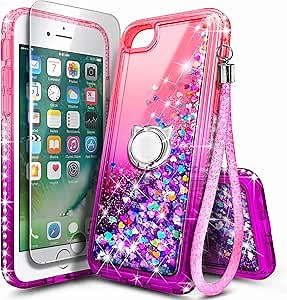 NGB Designed for iPhone SE (3rd/2nd Gen)/8/7/6/6S Case, Glitter Pink/Purple | iPhone SE Case 2022 (3rd)/2020 (2nd), Cute Liquid Glitter, Tempered Glass Screen Protector, Ring Holder, Wrist Strap