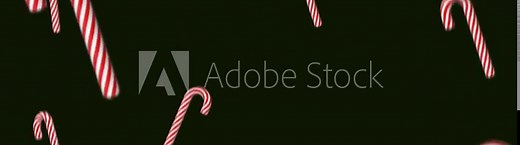 Many candy canes free falling and rotating, isolated on black background, motion blur digital 3D animation, loop.