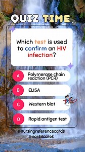 Which test is used to confirm an HIV infection? * * * * * * * * #nurses #doctors #nursing #medical #nurseexam #NCLEX #nclexreview #nclexrn #registerednurse #medicaldoctor #medicine #studentlife #exam #exampreparation #nclexprep #nursingstudent #medicalstudent #RN #NMC #NGN #PNLE #NLE #USRN #RN #rnlife #nursinglife #fbreels #fypシ゚ @highlight @followers @everyone | Nursing Reference Cards