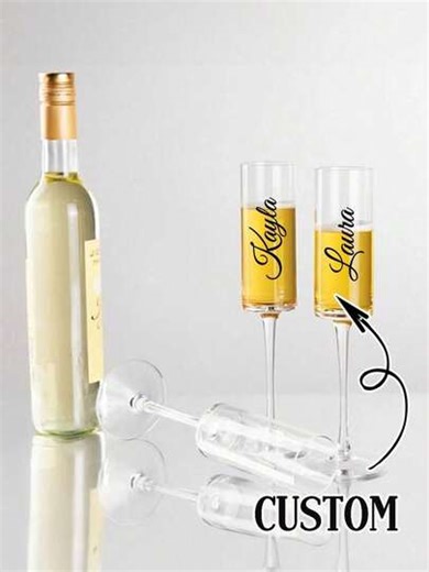 Personalized Champagne Flutes, Glass Material, Customizable Name, Title And Bow Color, Wedding Champagne Glasses, Suitable For Weddings, Wedding Decorations, Personalized Glass Cups, Party Decorations, Bridesmaid Gifts, Birthdays, Bachelorette Parties, Bridal Showers, Bachelor Parties And Special Occasions, Suitable For Bride, Groom, Bridesmaids, Groomsmen | SHEIN