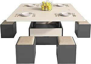 Guyii Extendable Coffee Table with 4 Storage Stools, Multi-Functional Lift-Top Table, Center Table with Hidden Compartment, Space Saving Folding Dining Table for Living Room