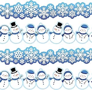 Whaline 68Ft Winter Bulletin Border Sticker Holiday Decoration Borders Snowflake Snowman Wave Trim Border Self-Adhesive Label Sticker for New Year Decor School Classroom Office Chalkboard, 60Pcs