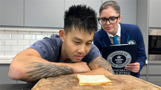 "Six Pack Chef" Wallace Wong slices world's thinnest sandwich but says it's still tasty