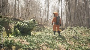 A terrible huge frog grown on pesticides attacks a defenseless biologist studying the forest. Attack of a terrible mutant. The animation is for fantasy, apocalyptic or environment backgrounds.
