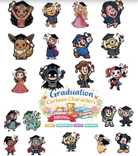 100 Cartoon Graduation Characters Clipart PNG Bundle - Etsy