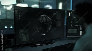 Tracking software is analyzing the virtual cyber map of the world. Tracking down the position of terrorists on the cyber map. Tracking software detects the position of target IP on a cyber map. UI