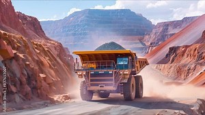 Large mining truck driving through an openpit iron ore mine. Concept Mining Industry, Heavy Machinery, Open Pit Mine, Iron Ore Extraction, Industrial Transportation