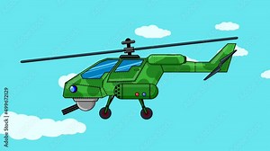 A combat helicopter with a machine gun flies against the background of a blue sky with clouds maneuvering close-up. Abstract looping animation with a flat pattern of transport. Looped plot.