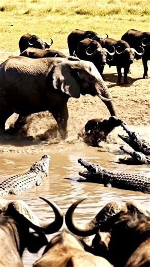 Elephant come to recuse baby buffalo from many crocodiles #wildanimals #life #animals #wildlife | The Animals