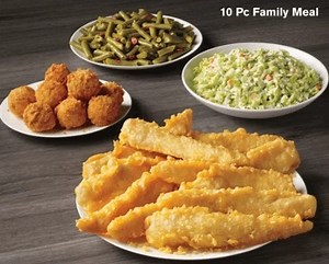 Feed this whole family this weekend at Captain D's! Our 10 Pc Fish Family Meal is a crowd pleaser and our Seafood Feast has the best variety of premium seafood around. Both are served with our legendary hush puppies and 2 family-style sides. 😋 | Captain D's