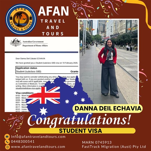 Congratulations to our student on receiving the Subclass 500 Student Visa approval today! Sis Danna Deil 💕💕💕 With proper documentation, a strong Genuine Student (GS) statement, and accurate financial preparation — success is possible! We are proud to support our students from application to visa grant. If you are planning to study in Australia, now is the right time to apply. 📩 Message us for a FREE eligibility assessment 📞 Contact us today to start your Australia journey | Thel Afan