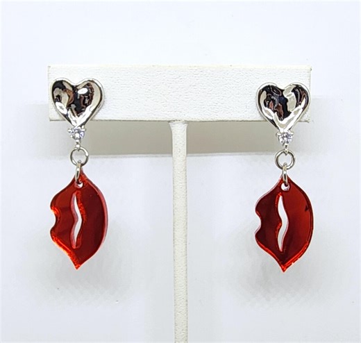 Shiny Red Mirror Lips With Silver and Zircon Crystal Hearts Dangle Earrings, Valentine Jewelry - Etsy