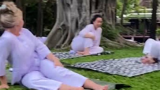 Wild monitor lizard charges through group meditation session in park