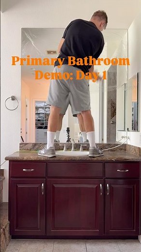 Primary bathroom demo day 1. Removing mirror and vanity. #diy #diyday #demolition #bathroom #remodel