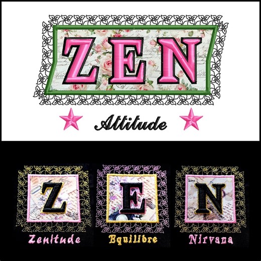 Zen Script Embroidery Design, 3D Machine Embroidery File With Fabric Applique and Lace, 3D Monogram, 4 Designs Included - Etsy