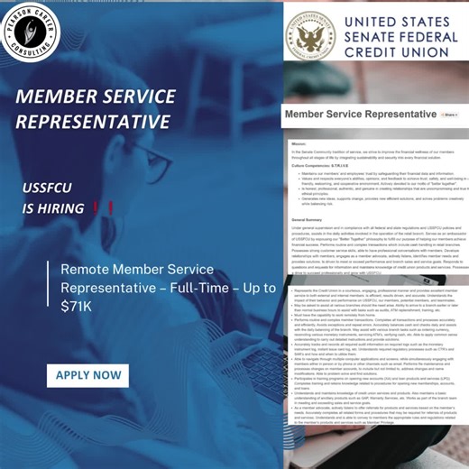 Member Service Representative 📌 USSFCU (United States Senate Federal Credit Union) is HIRING ❗❗ 📍 Location: Remote (Must be able to work from home; branch support as needed – DC/MD/VA area) 💼 Type: Full-Time 💰 Pay: $47,772 – $71,658 annually (DC/MD/VA Metro Area) 📩 Apply Here: https://ussfcu.atsondemand.com/?_gl=1*12oj8ly*_gcl_au*OTQ3NzUwMzkwLjE3Njc1OTM3NDc.*_ga*MTU5OTE0NDAzNi4xNzY3NTkzNzQ3*_ga_KE3JLQ84QG*czE3Njc1OTM3NDYkbzEkZzEkdDE3Njc1OTM3NjAkajQ2JGwwJGgw&fbclid=IwdGRleAPJDZBleHRuA2FlbQIx