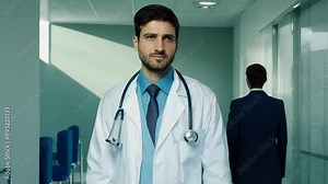 The scene captures the serious and determined demeanor of the doctor as they navigate the hospital environment, highlighting their dedication and concentration on their medical responsibilities