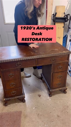 Cheryl Cassidy on Instagram: "1920s Antique Desk Restoration | Full Step-by-Step Tutorial This 1920s walnut veneer desk had seen better days—water rings, corner damage, and a failing finish—but its beautiful craftsmanship was worth saving! With a cross-cut walnut top, maple substrate, and detailed edgework, this desk deserved a full restoration. Here’s the full step-by-step process I used to bring it back to life: Cleaning: Started with Simple Green degreaser to remove grime. Stripping: Removed 