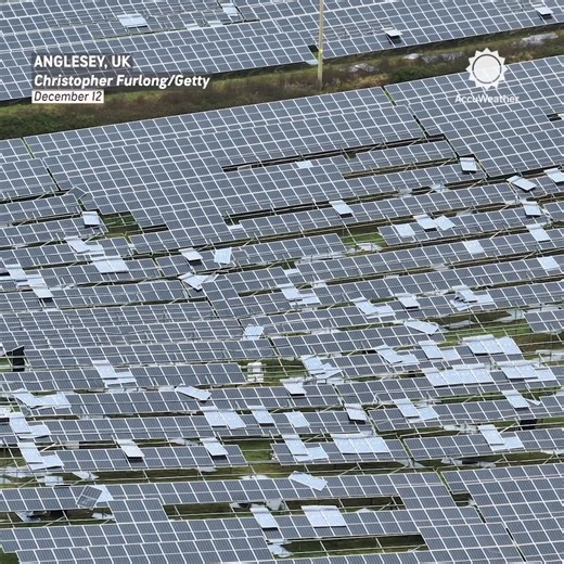 Storm Darragh leaves its mark: High winds clocked at 92 mph in the UK wreaked havoc on a solar farm in Wales. 💨 | AccuWeather