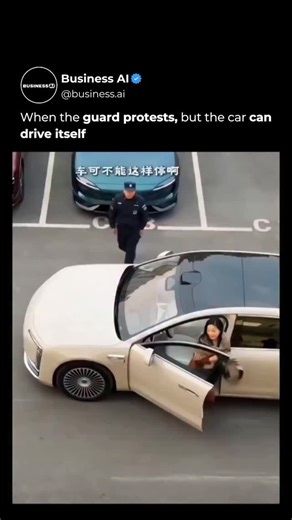 AI • Artificial Intelligence • Tech on Instagram: "Autonomy gets really awkward when rules meet software. In the clip, a woman stops her car in the middle of the road and calmly walks away while a guard protests in disbelief. What looks like chaos at first suddenly turns into a flex of technology as the vehicle takes over on its own. Seconds later, the car smoothly parks itself into the open spot without a driver inside. It is a small moment that perfectly shows how self driving systems are quie