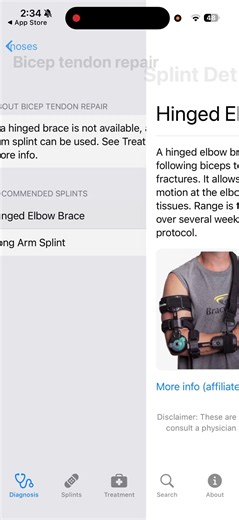What type of splint is used for a biceps tendon repair?