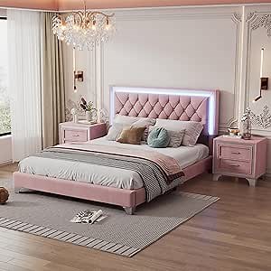 Amazon.com: Flieks Bedroom Sets, 3-Pieces Bedroom Sets, Queen Size Upholstered Platform Bed with LED Lights and 2 Nightstands, Pink : Home & Kitchen