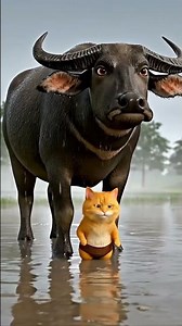 The buffalo 🐂🐃 protects Orange Cat 🦊🦊 from the pouring rain. #OrangeCat #ThaiBuffalo #RuralLife #...