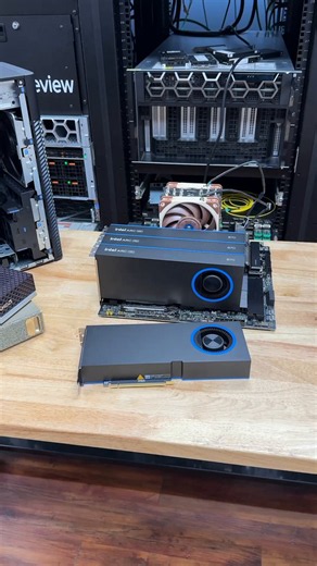 Four Intel Arc Pro B70s in one box: 32GB of GDDR6 each, 128GB total, about $4,000 in GPUs. In our testing the quad setup more than doubles the DGX Spark and only trails a single RTX Pro 6000 that is much more expensive. Full review on the site. #IntelArc #GPUs #AIHardware @intel