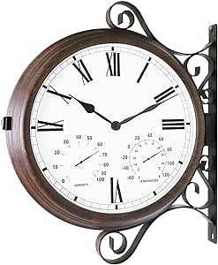 BESTIME MT-32 Three-in-one Double Sided Metal Wall Clock.Quiet,Easy Read,Antique Hanging Clocks,Garden,Indoor,Outdoor,Home Décor,Farmhouse,Station.
