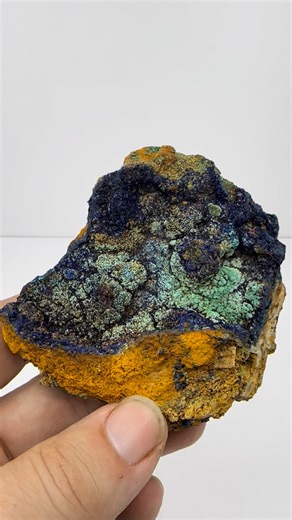 Arizona Minerals Only on Instagram: "Azurite and Malachite from the Bisbee Mines, Cochise County, Arizona. Sparkling dark blue rosettes of azurite are dotted with light green malachite crystals on a limonite matrix. This specimen has traveled the world with a label noting it was acquired from a museum in Australia. Available for only $100! 💙💚💙"