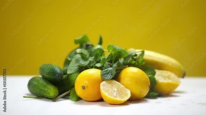 Water droplets falling in slow motion on healthful fruits and vegetables at yellow background. Drops on yellow citrus lemons, oranges, green cucumbers and mint leaves