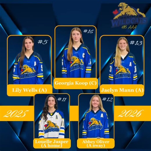 🐾 Meet the Wildcat leaders! 🐾 Strong voices. Fierce hearts. Unstoppable leadership. 💛💙 These Cats are ready to guide the pack this season 👇 🎖 Captain: Georgia Koop 🅰️ Assistants: Lily Wells, Jaelyn Mann, Louelle Jasper & Abbey Oliver #WildcatPride #LeadingTheWay #TeamLeaders | Westman Wildcats U15 AAA